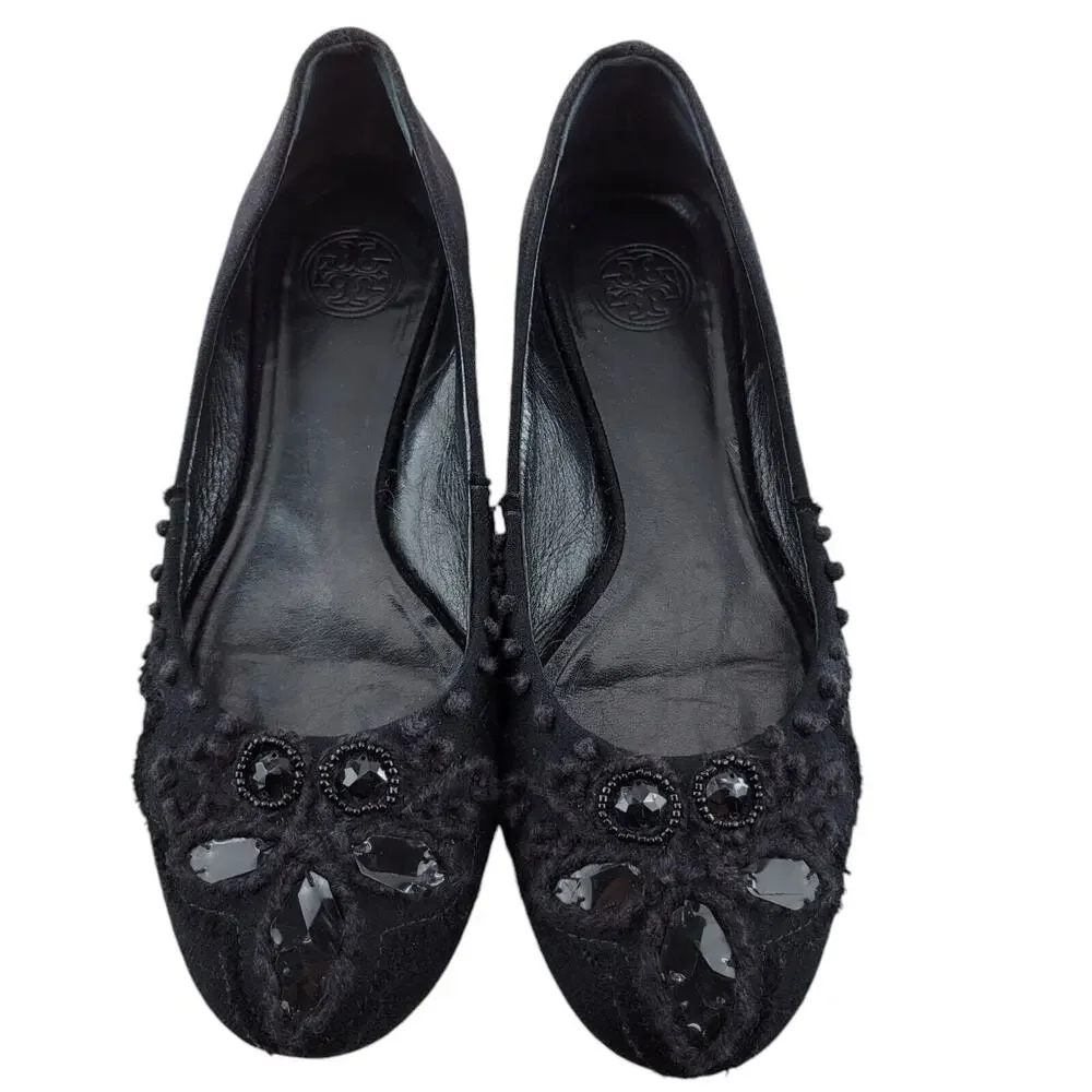 Tory Burch Ballet Flats Womens 7‎ Black Fabric Crochet Large Jewel Detail Preppy